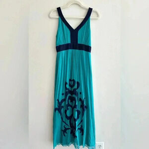Miss Sixty Teal and Navy Blue Silk Gown Maxi Floral Dress, Size 4